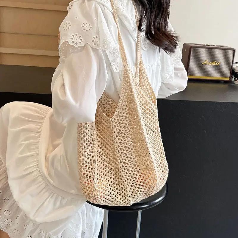 Large Capacity Ladies Vacation Beach Bucket Tote Hollow Design Travel Female Handbags Casual Simple Women Knit Shoulder Bags
