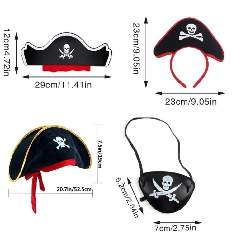 Pirate Hair Hoop Hat EyePatch Kerchief Set for Halloween, Ship themed Parties