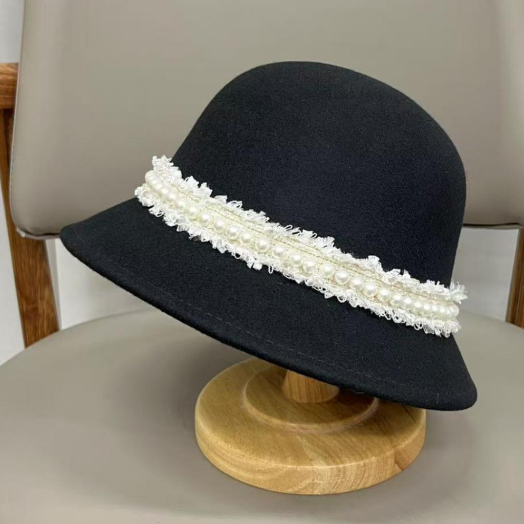 Elegant fashion celebrity style pearl wool bucket hat women autumn and winter British top hat travel temperament basin hat
