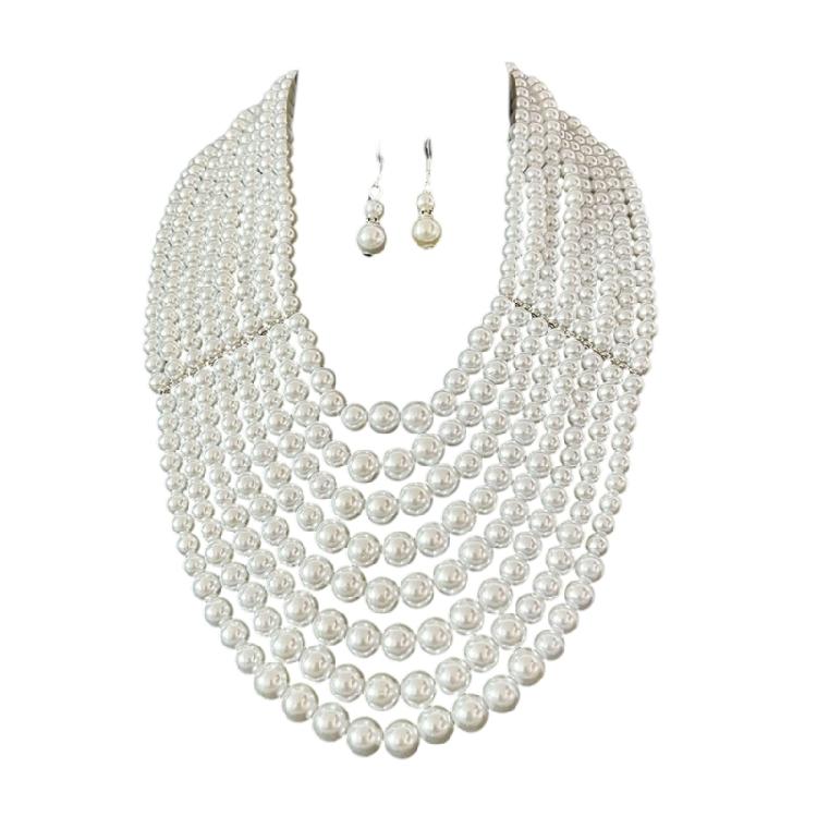 Versatile Multi Strand Simulated Pearls Necklace Earrings Set Vintage Inspired Design Clavicle Chain For Fashionistas