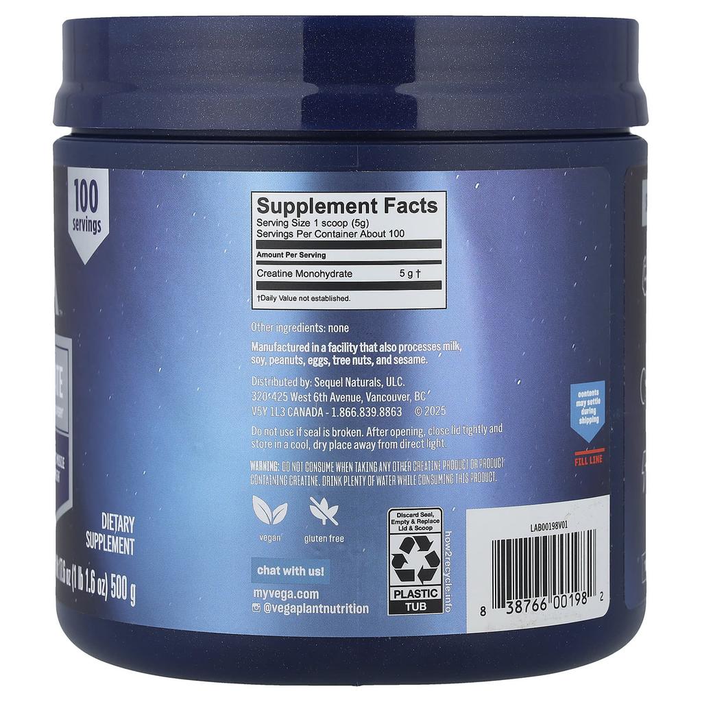 Vega, Creatine Monohydrate, Unflavored, 500g (1lb 1.6oz)