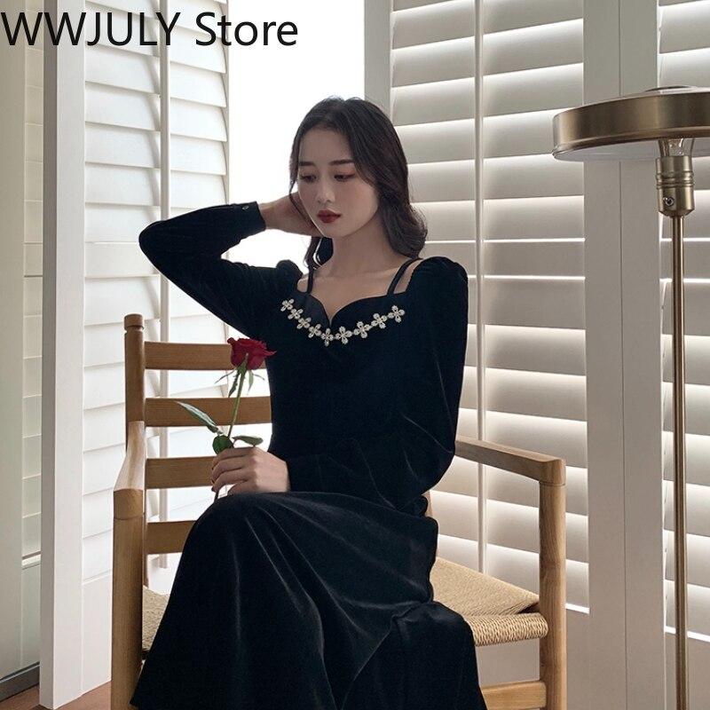 Buy 21 Winter Velvet Midi Dress Evening Party One Piece Dress Korea Long Sleeve Black Y2k Dress Off Shoulder Sexy Elegant Clothing At Affordable Prices Free Shipping Real Reviews With Photos Joom