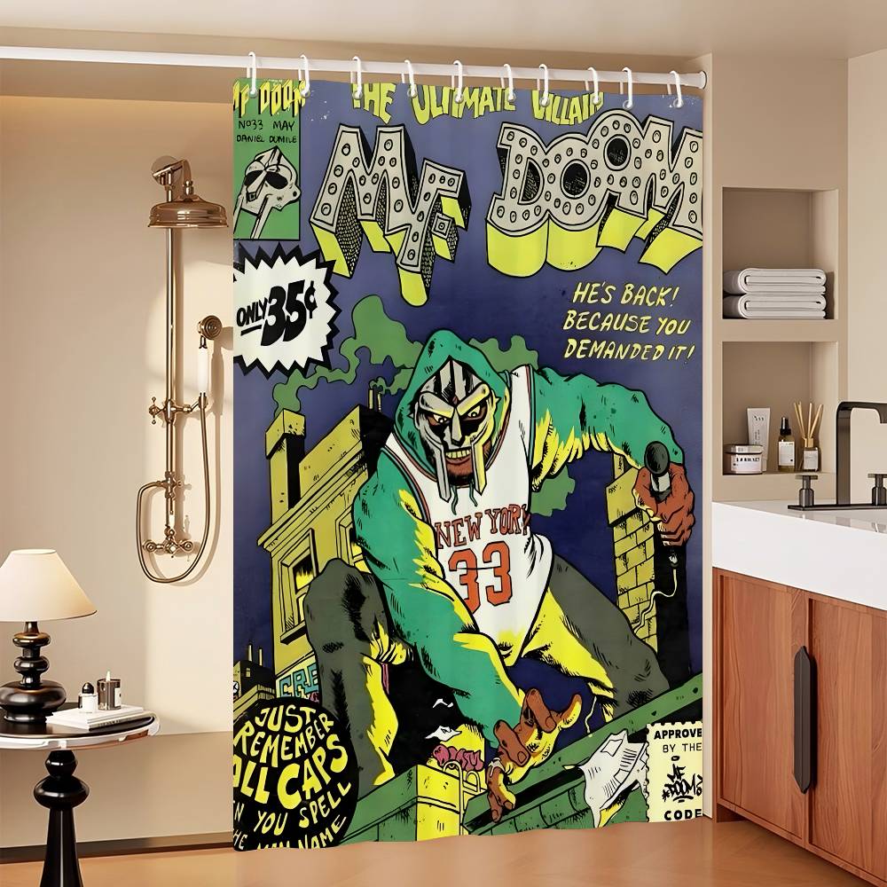 MF Doom Комикс Альбом Ванная Комната Душевая Занавеска Защитная Перегородка Душевая Занавеска Быстросохнущая Можно Мыть Щеткой Легкая Полупрозрачная Ванная 90x180 cm