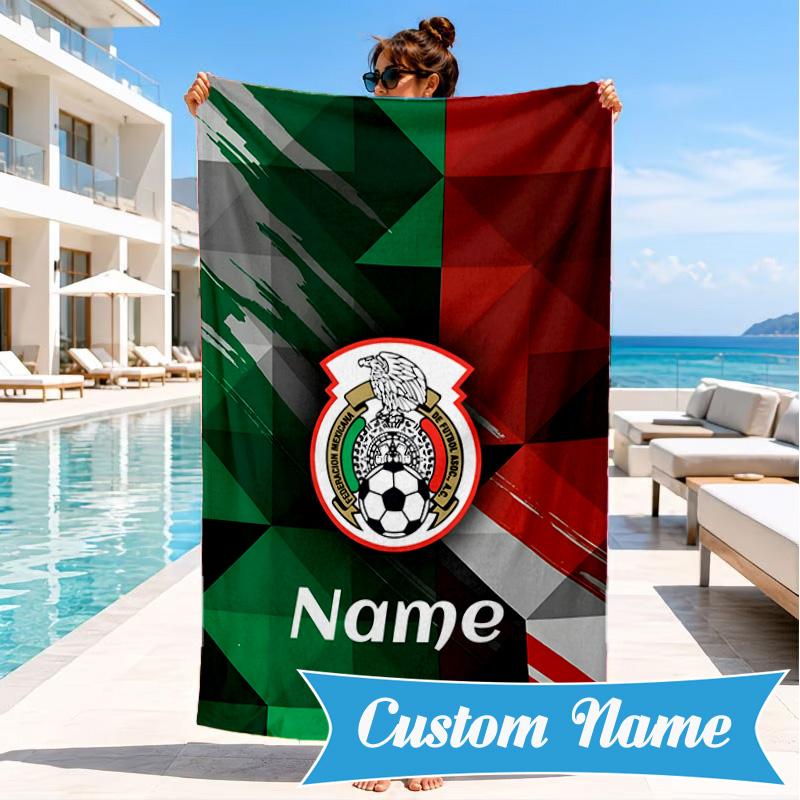 Custom Name Beach Towel Mexico Soccer Emblem Microfiber Beach Towel, Lightweight for Summer Travel, Swimming Pool Fan Birthday Gift