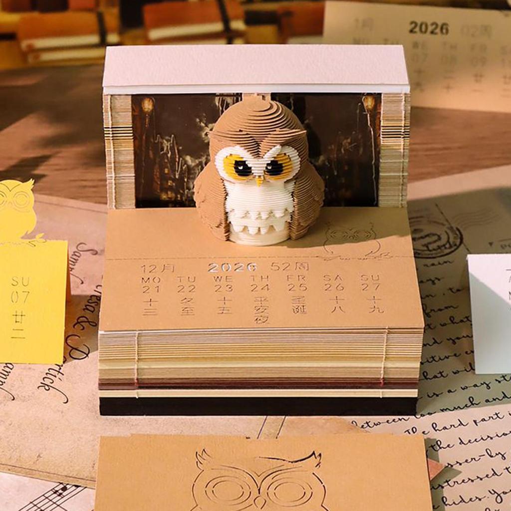 3D Time Piece Calendar 2026 3D Memo Pad Art Sticky Notes Owl-Shaped Tear Away Carving Time Piece Notepad New Year Gifts