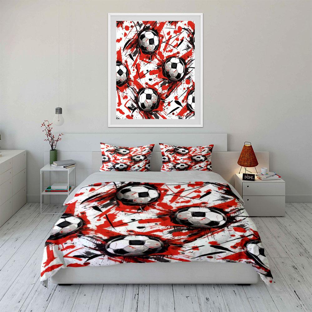 Red And Black Splash Soccer Ball Pattern 3Pcs Bedding Set Soft Microfiber Bedding Set For Football Fans Boys Bedroom