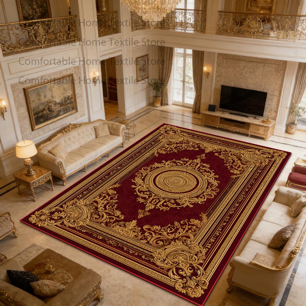 European Red Retro Large Apartment Soft Carpet Decoration Living Room Non-slip Luxury Rug Easy Clean Lint-free Coffee Tables Mat
