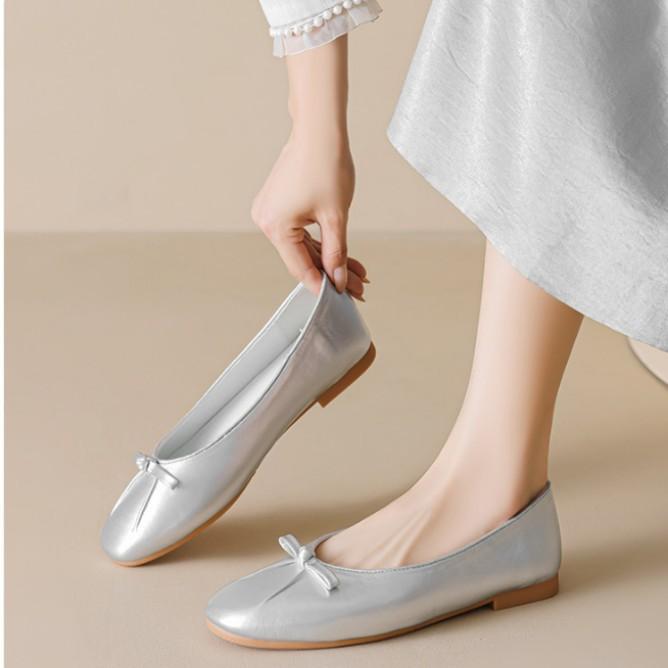 French round head bow versatile light mouth thick heel ballet single shoes minimalist lazy one pedal Mary Jane shoes women