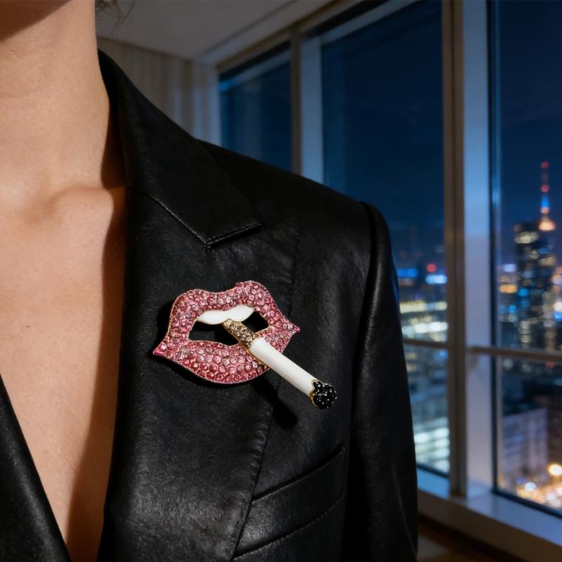 Lip Brooch Featuring Sparkling Rhinestones for Fashion Statement and Gift Crafted from Alloy
