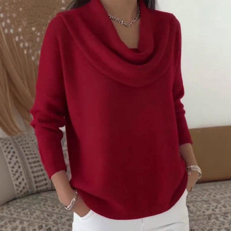 Pull chaud d'hiver pour femme à col châle - Haut pull-over à manches longues de couleur unie avec col montant, blouse décontractée confortable pour l'automne/hiver