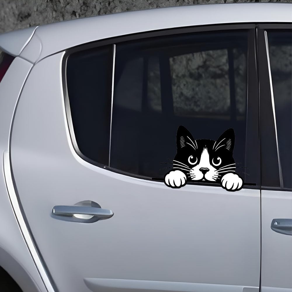 Peeking Cat Car Stickers Car Window Decals, Waterproof Removable Vinyl Black White Animal Decals for Cars Motorcycles Laptops, Funny Pet Design,