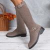 Scrub Fleece Block Heel High Boots Fashion Round Toe Sleeve Soft Sole Belt Buckle Non-slip Cotton Shoes