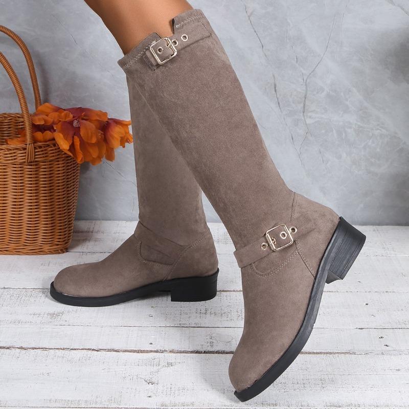 Scrub Fleece Block Heel High Boots Fashion Round Toe Sleeve Soft Sole Belt Buckle Non-slip Cotton Shoes
