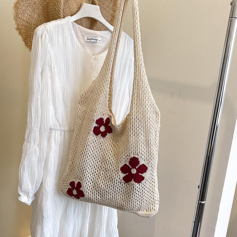 Lazy wind hollow knitted flower shoulder bag handbag large capacity shopping bag armpit bag
