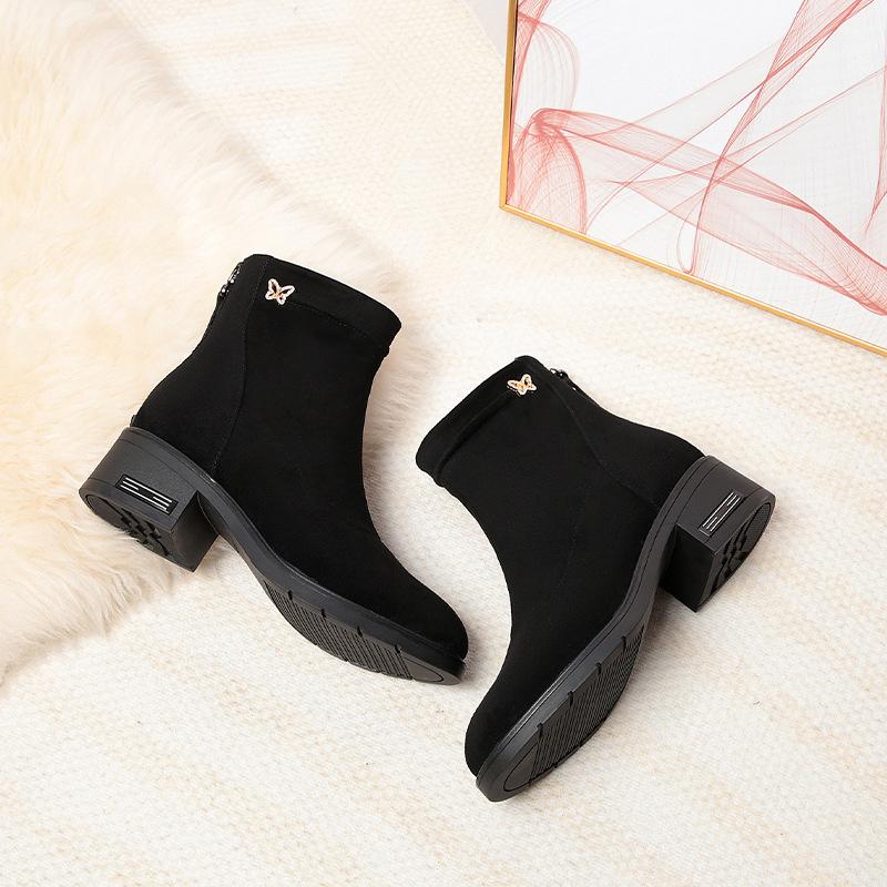 Women's Autumn Winter New Low Heel Comfortable Plush Velvet Fashion Black Suede Short Boots Zipper Warm Snow Boots