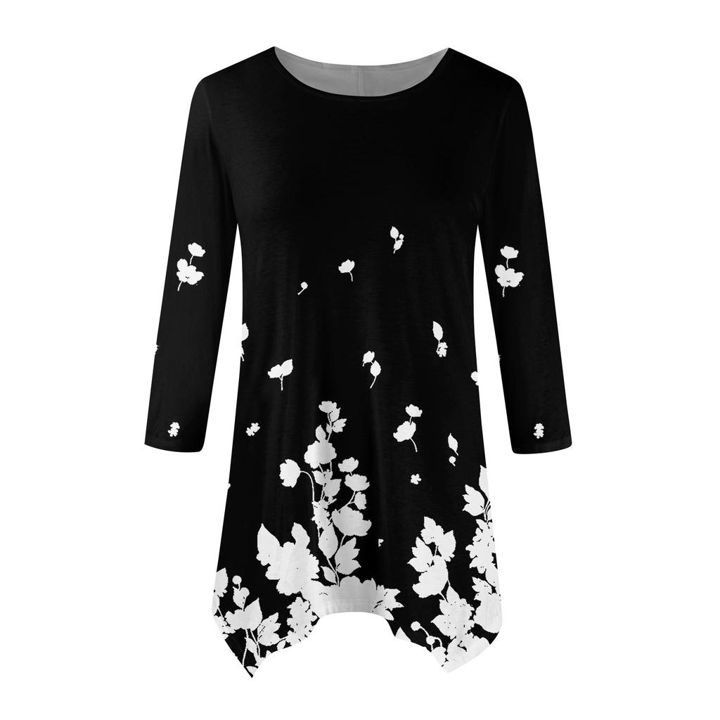Dámská móda Ležérní tričko s kulatým výstřihem a květinovým potiskem, sedmirukávové, s páskem, volný pohodlný top