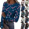 Women's Fashion Slim-Fit Round Neck Base Layer T-Shirt Christmas Print Long-Sleeved Top