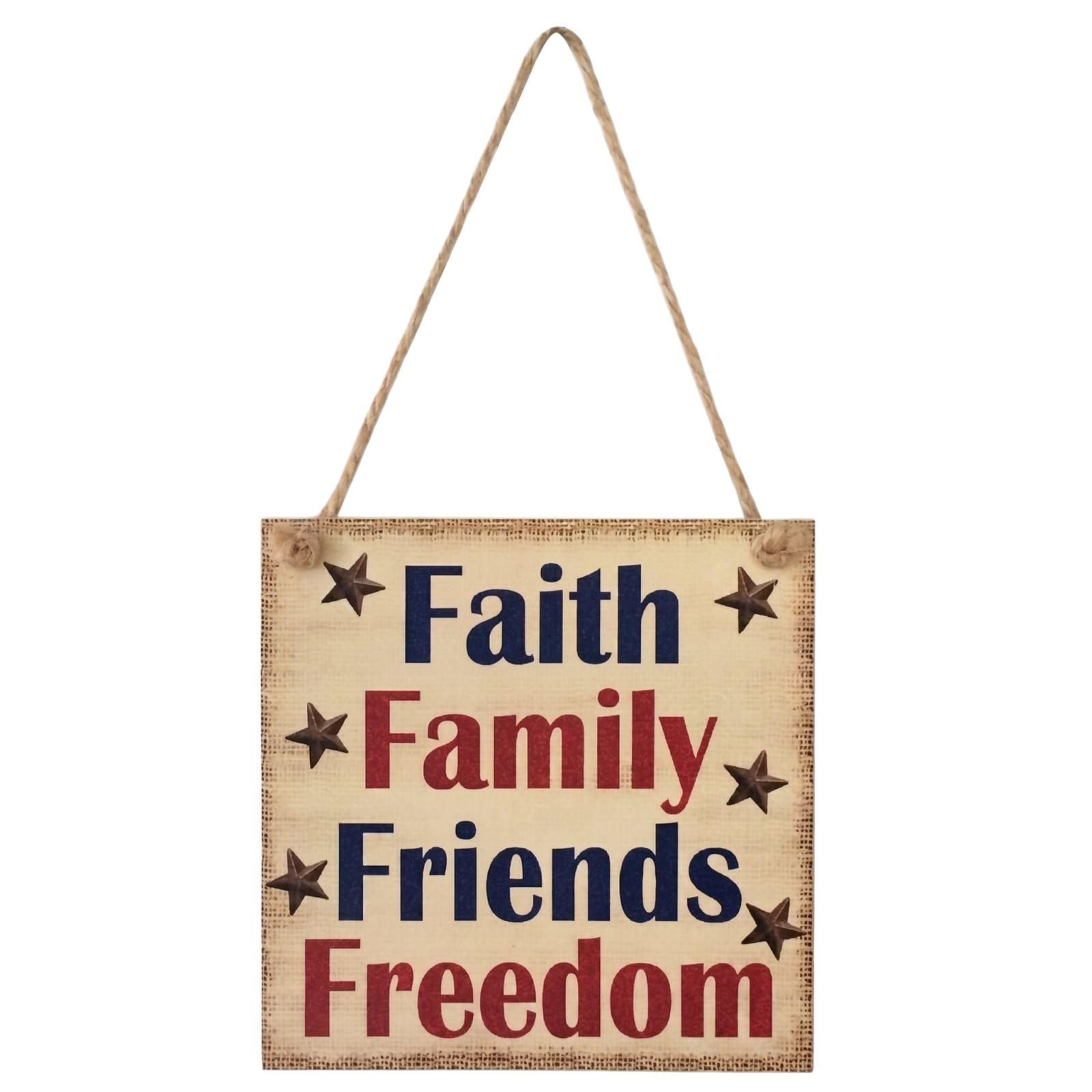 

Wooden Hanging Sign Faith Family Friends Freedom Rustic Wall Decor for Independence Day Celebration Home Decoration One Size