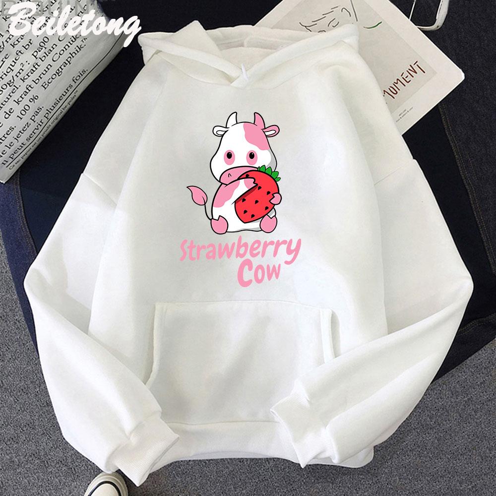 Strawberry Milk Cow Cartoon Hoodie Kawaii Clothing Aesthetic Girls Sudadera Mujer Pink Long Sleeve Loose Sweatshirt