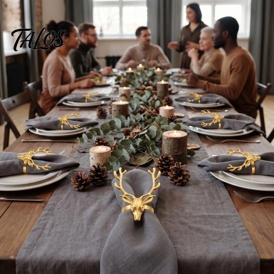 Elegant Wedding Table Accessories Christmas Deer Napkin Ring, Metal Elk Head Holder, Reusable Thanksgiving Decor Holiday Ring for Dining Winter Party