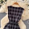 Retro Kariertes Ärmelloses Tweed-Knielanges Kleid für Damen Herbst Winter V-Ausschnitt Ärmelloses Oberteil Tankkleid