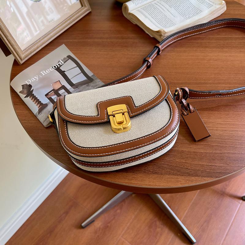 Saddle Bag Women'S Contrasting Color Shoulder Messenger Canvas Bag Niche Design Popular Underarm Women'S Bag