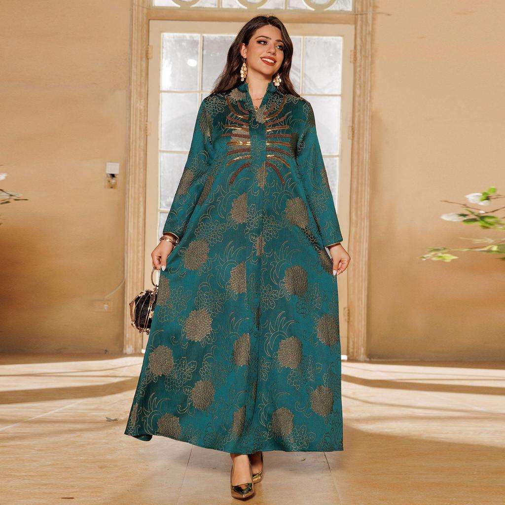 AB402 V-Neck Jacquard Beaded Dubai Dress - Women's Middle Eastern Muslim Robe