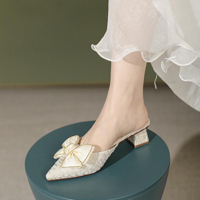 Baotou half slippers women's outer wear women's shoes new middle heel pointed fairy shoes lazy shoes women's one foot pedal