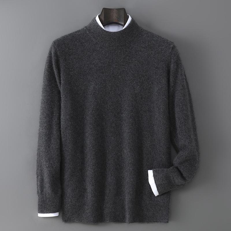 Men's 100% Pure Wool Half-High Neck Sweater - Solid Color, Business Casual Knit Base Layer Top