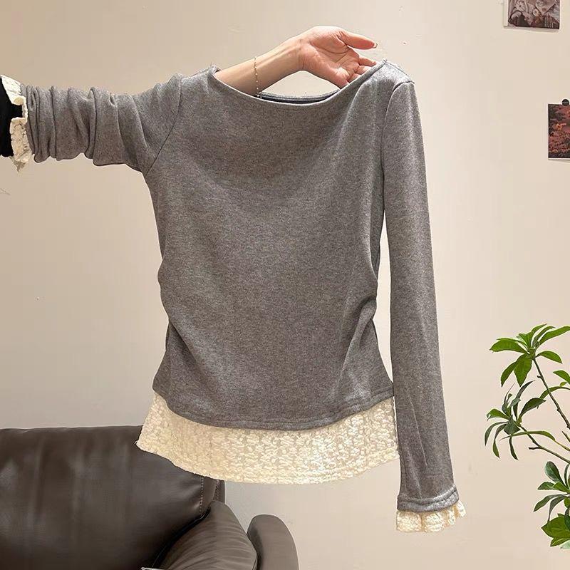 Women's Ruched One-Shoulder Long-Sleeve Top with Lace Hem, Perfect for Early Spring