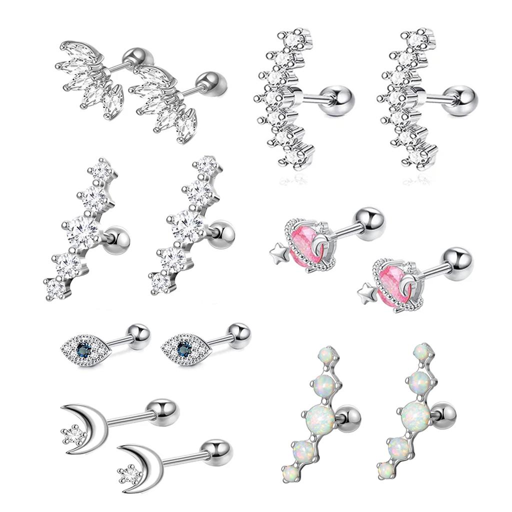 2pcs Hypoallergenic Stainless Steel Cartilage Stud Earrings,Eye Flame Moon Barbell Back Stud Cubic Zirconia Piercing Jewelry