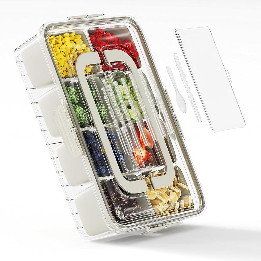 Snackle Box Container, Divided Serving Tray with Lid and Handle, Adding Cutlery Organizer with Fruit Forks and Spoons, Snackle