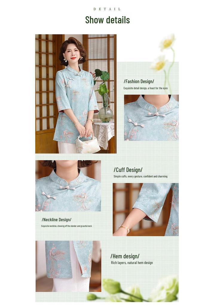 Elegant Imitation Silk Frog Button Top: New 2026 Chinese Style, Short-Sleeved for Middle-Aged & Elderly Women