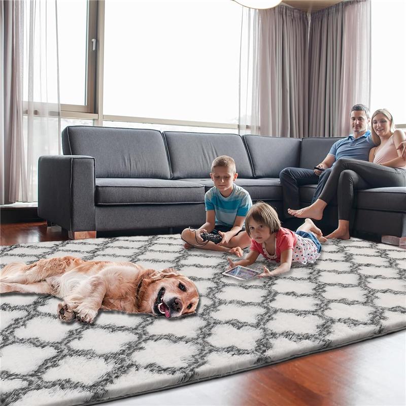 Luxury Geometric White Checkered Area Rug Ultra Soft Polyester, High Pile,Non Slip, Modern, Indoor, Playroom, Bedroom, Living Room, Nursery Rug