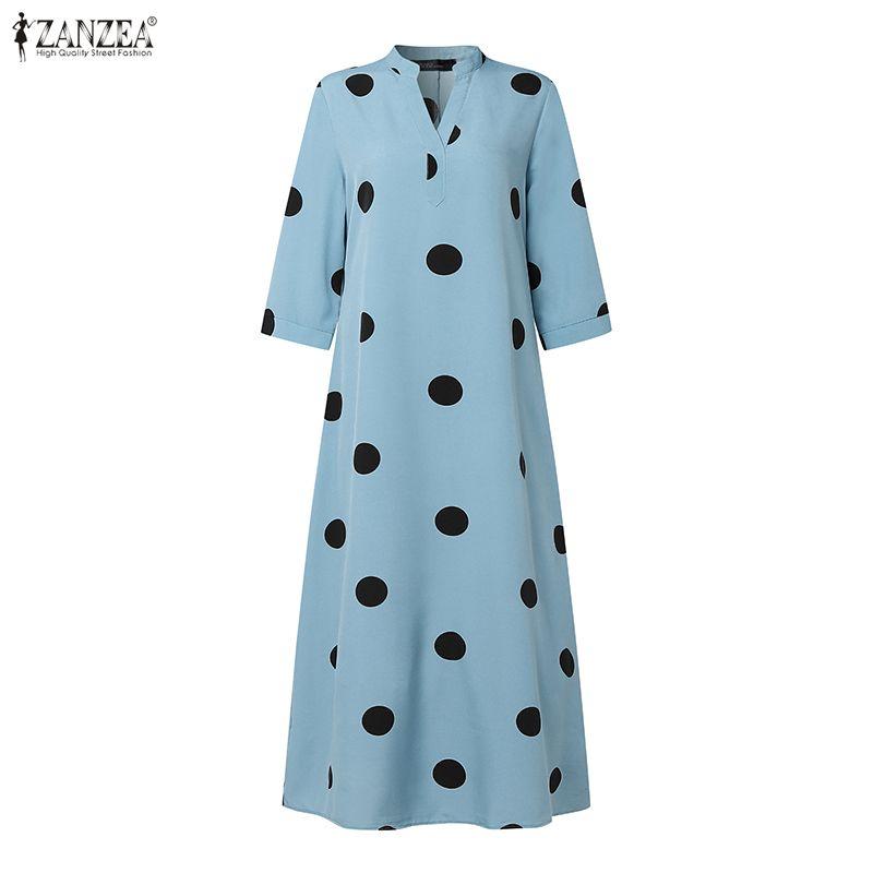 ZANZEA Damen Freizeit V-Ausschnitt 3/4 Ärmel Locker Gepunktetes Midi-Kleid