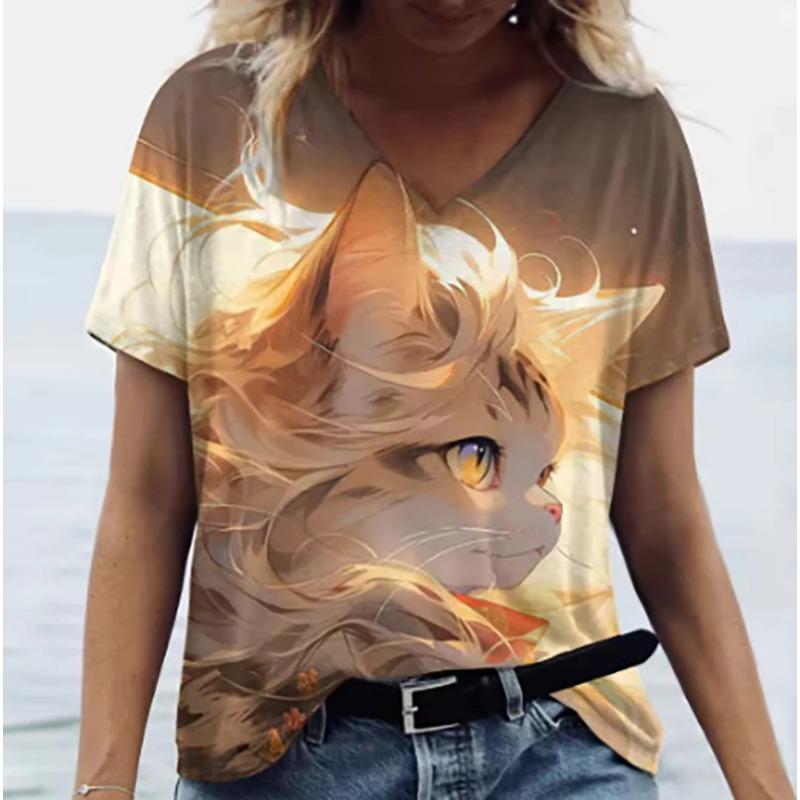 Women's V-Neck Short Sleeve T-Shirts Animals Printed Summer Clothing Cute Cartoon Cat Woman Tshirts Oversized Tops Clothing Tops