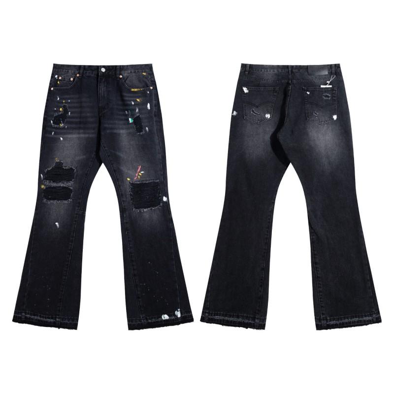 Mens High Street Graffiti Jeans Vintage Washed Slightly Flared Long Pants