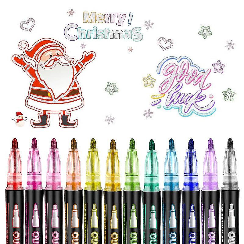 1 Set 8/12 Colors Self-Outline Metallic Markers Glitter Writing Drawing Pens For Christmas Card Writing Double Line Outline Pens