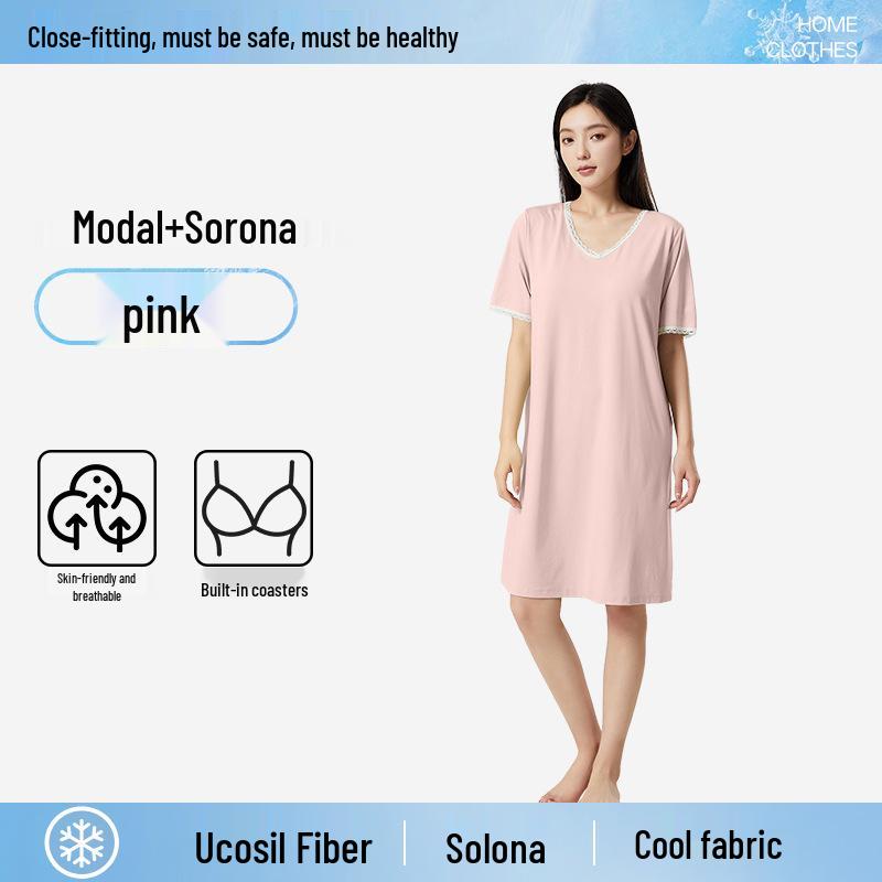 

Кружевное ночное платье с V-образным вырезом и рукавом три четверти с нагрудными вкладышами - Женская летняя пижама и платье M (90-125 jin)