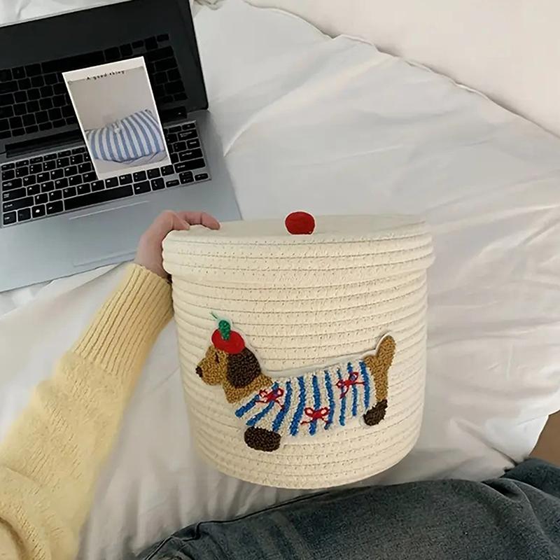 Cute Puppy Storage Basket Woven Cotton Rope Frame Large Capacity With Lid Dustproof Storage Bucket Desktop Dustproof