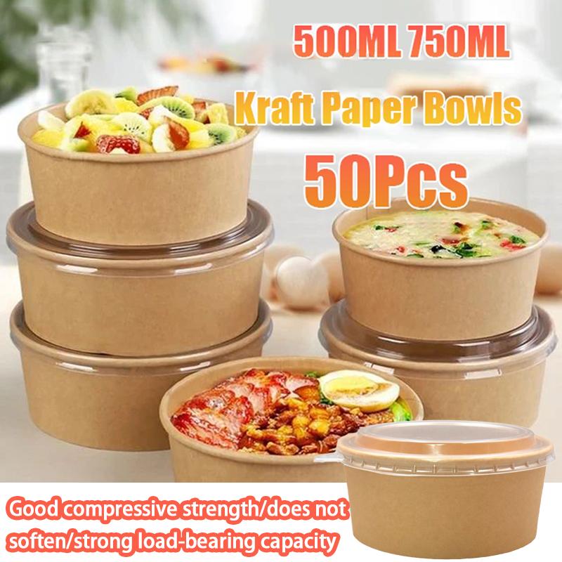 50-Pack 500Ml 750Mldisposable Salad Bowls - Kraft Paper Bowls With Transparent Lids Multiple Options