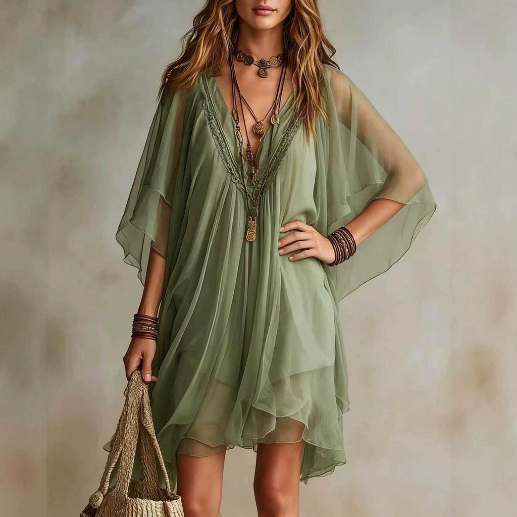 Abito estivo da donna in chiffon con scollo a V Set due pezzi Abito con spalline sottili con copricostume trasparente Gonna da spiaggia Vacanza al mare