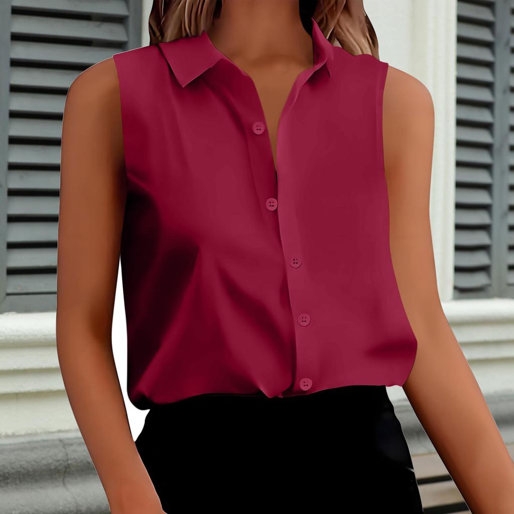 Chemise d'été tendance pour femme avec col de couleur, boutonnée, sans manches, top ample