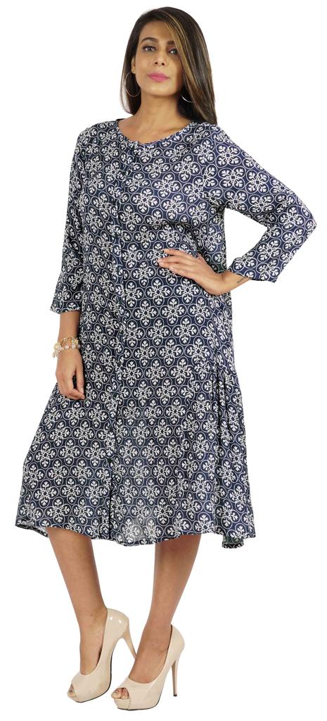 Bimba Printed Flared Midi Dress For Women Rayon Crepe Casual Summer Dress