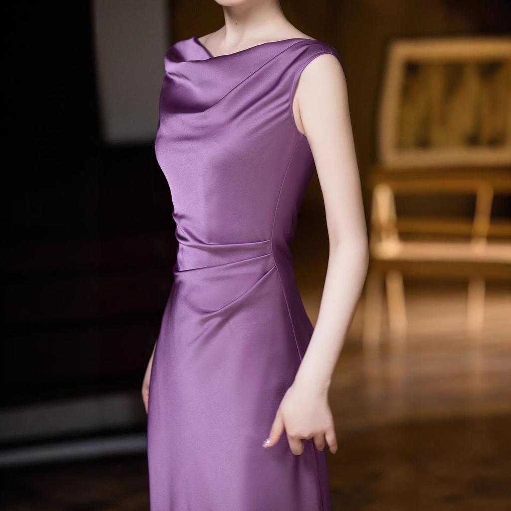 Haute Couture French Satin Draped Neck Resort Wedding Evening Gown for Women