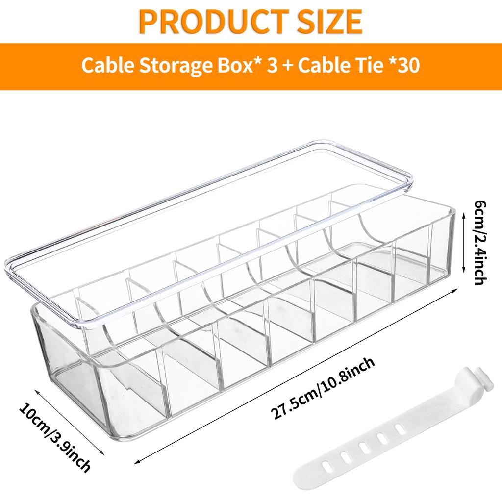 3 Pack Cable Tidy Box With 30 Cable Ties Clear Cables Management Box Charger Plastic Storage Box With Lid For Household Cable Ch