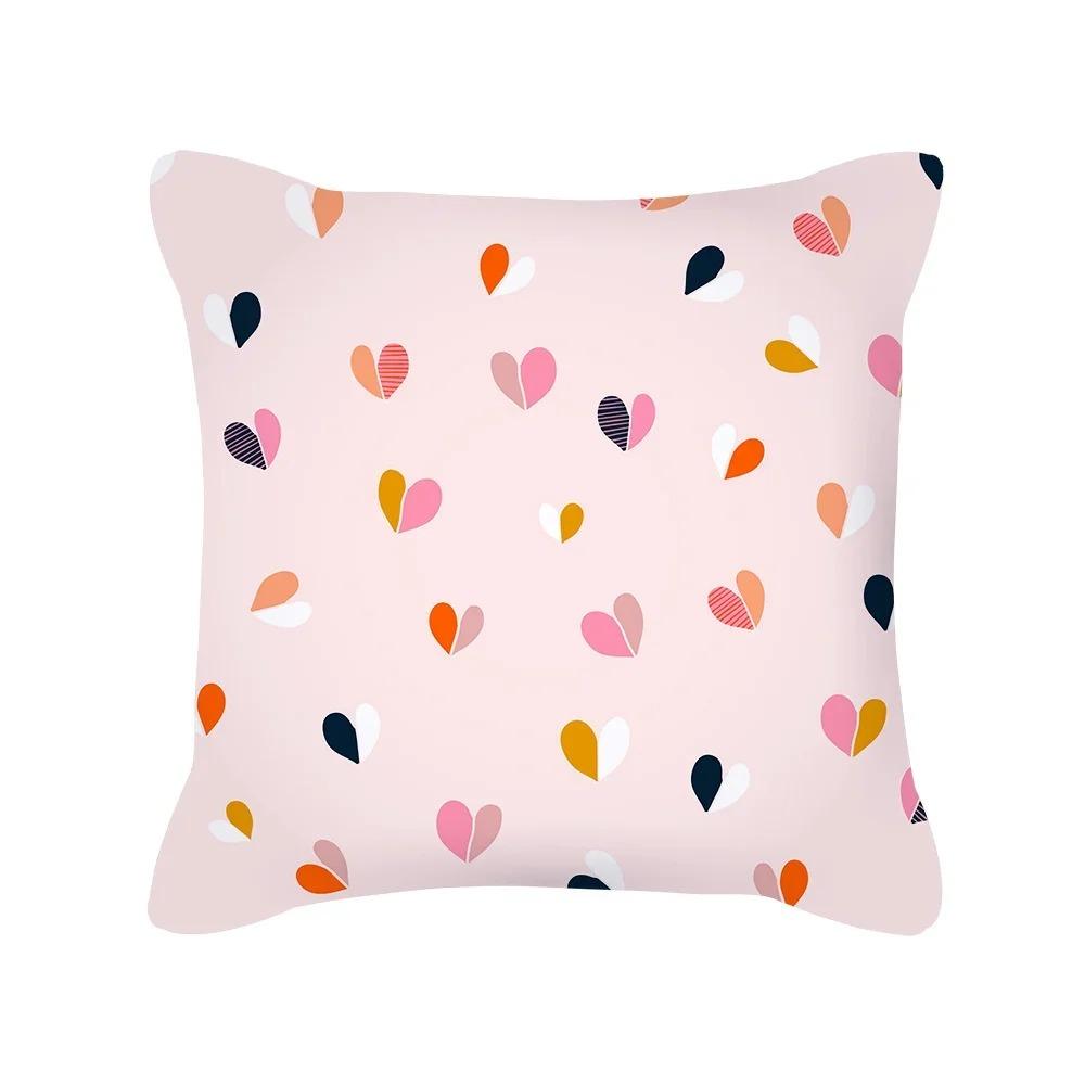Happy Valentines Day Peach Skin Pillow Case 2D Flat Printed Romantic Pink Heart Cushion Cover For Sofa Living Room Decor