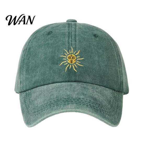 Breathable Baseball Hat Embroidery Sun Pattern Hat, Adjustable Back Buckle Retro Distressed Style Cap, Washed Cotton Fabric Outdoor Sunshade Cap Soft