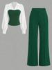 Completo 2 pezzi stile europeo da donna 2026: camicia a V con patchwork in vita e pantaloni