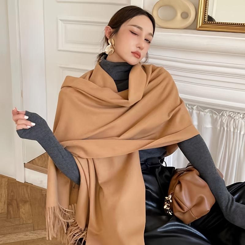 

Korean Solid Color Fringe Imitation Cashmere Scarf Shawl Thick Warm Dual Use Versatile Student Neck Warmer for Autumn Winter 200X75CM& 8Y темного кольору хакі